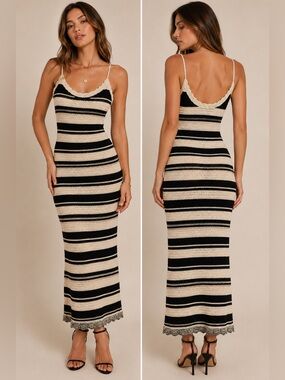 freshman 1996 Small Black Cream Crochet Stripe Knit Maxi Dress